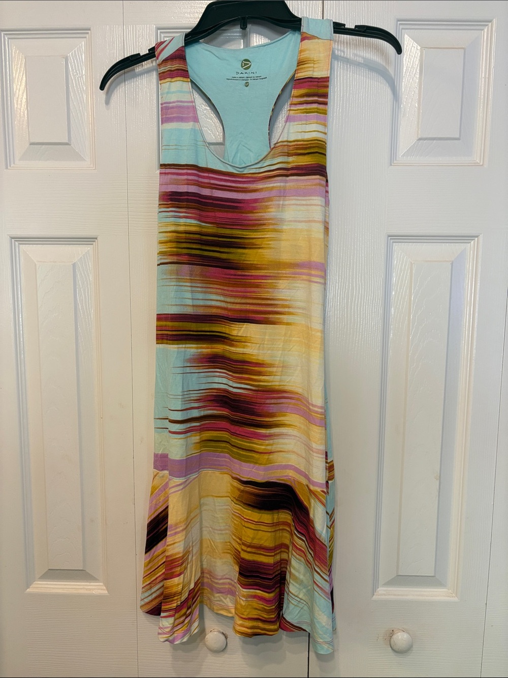Dakini Sleeveless Striped Wave Print Dress in Aqua and Multicolor 785